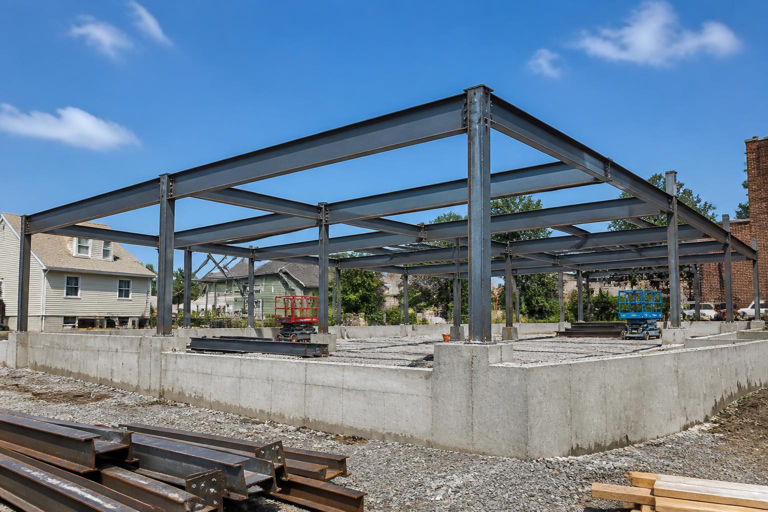 Low-rise structural steel frame erected over concrete foundations